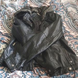 Leather jacket with hood